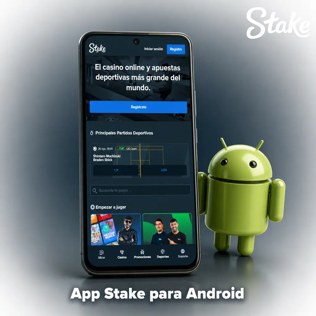 Descarga la app Stake para Android: APK gratis con tragamonedas, casino en vivo y apuestas deportivas en tu celular.
