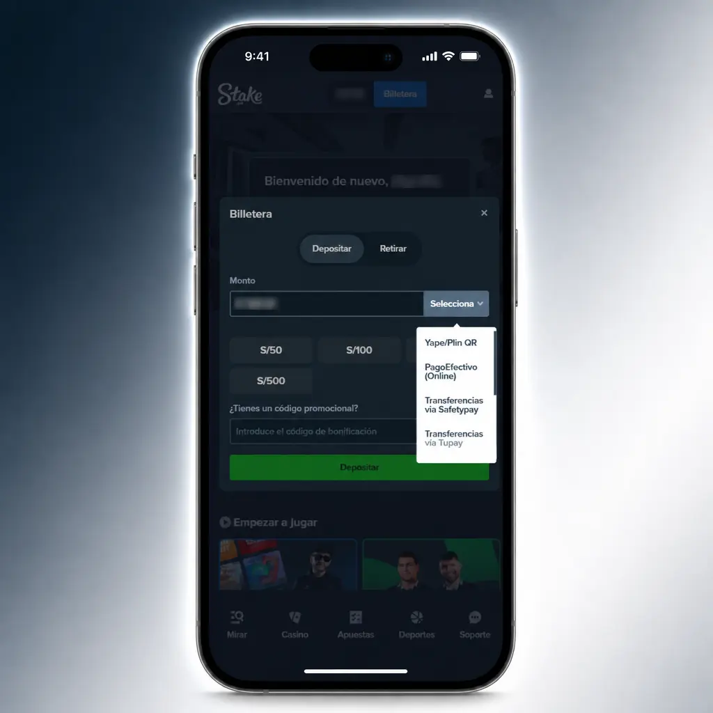 Guía paso a paso para depositar dinero en Stake Perú usando Yape, Plin, PagoEfectivo o criptomonedas