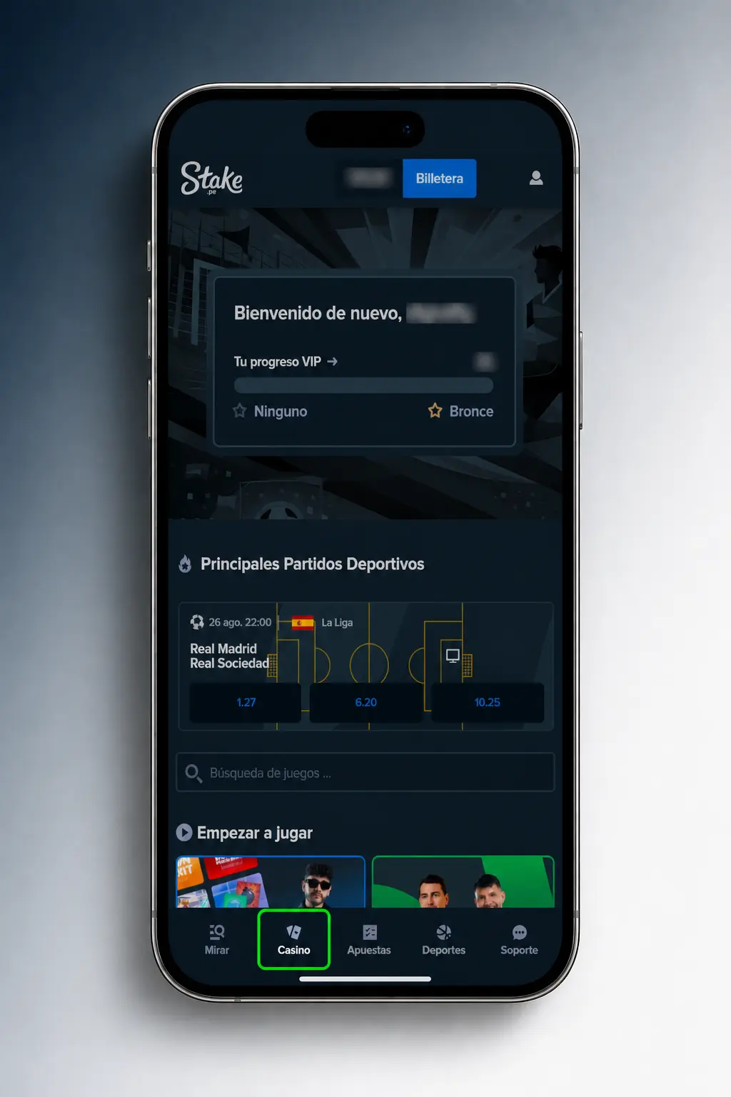 Pasos para iniciar sesión, elegir tragamonedas, ajustar apuesta y girar en el lobby de Stake