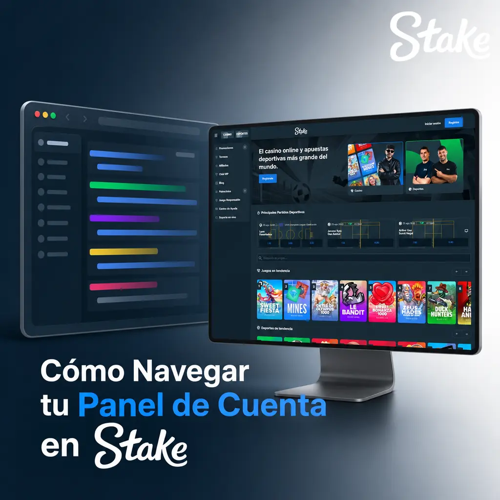 Panel de cuenta en Stake mostrando caja, historial de apuestas, progreso VIP, límites y notificaciones.