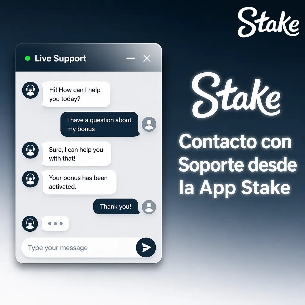 Agente de soporte de Stake atendiendo consultas en español sobre depósitos, retiros y verificación desde la app en Perú.
