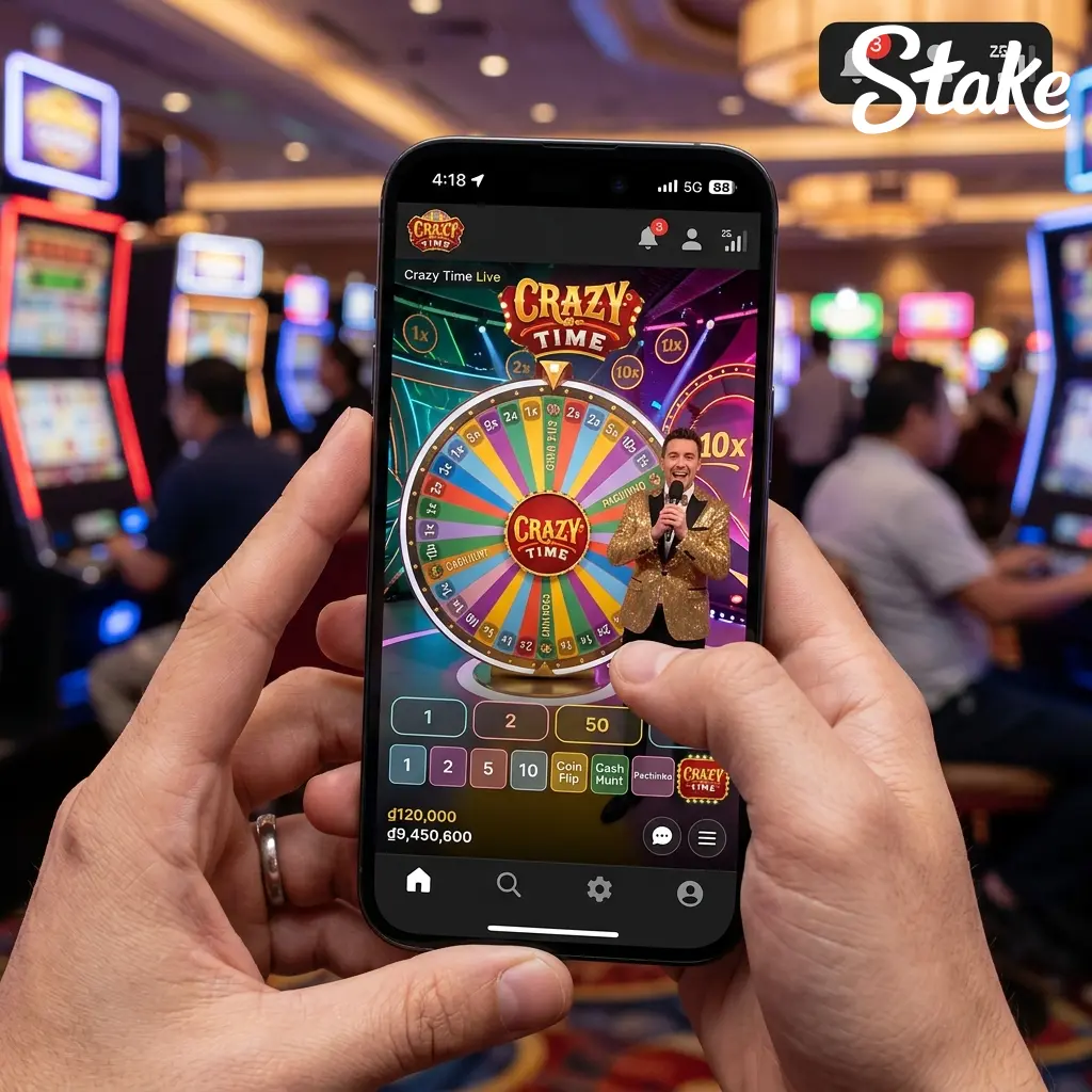 Captura de la app móvil de Stake mostrando el juego Crazy Time en vivo con ruleta y multiplicadores