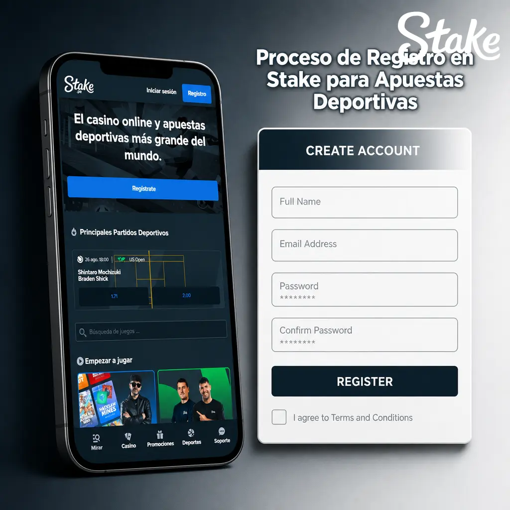 Pasos para registrarte en Stake y acceder al sportsbook, casino en vivo y recompensas VIP para apuestas deportivas.