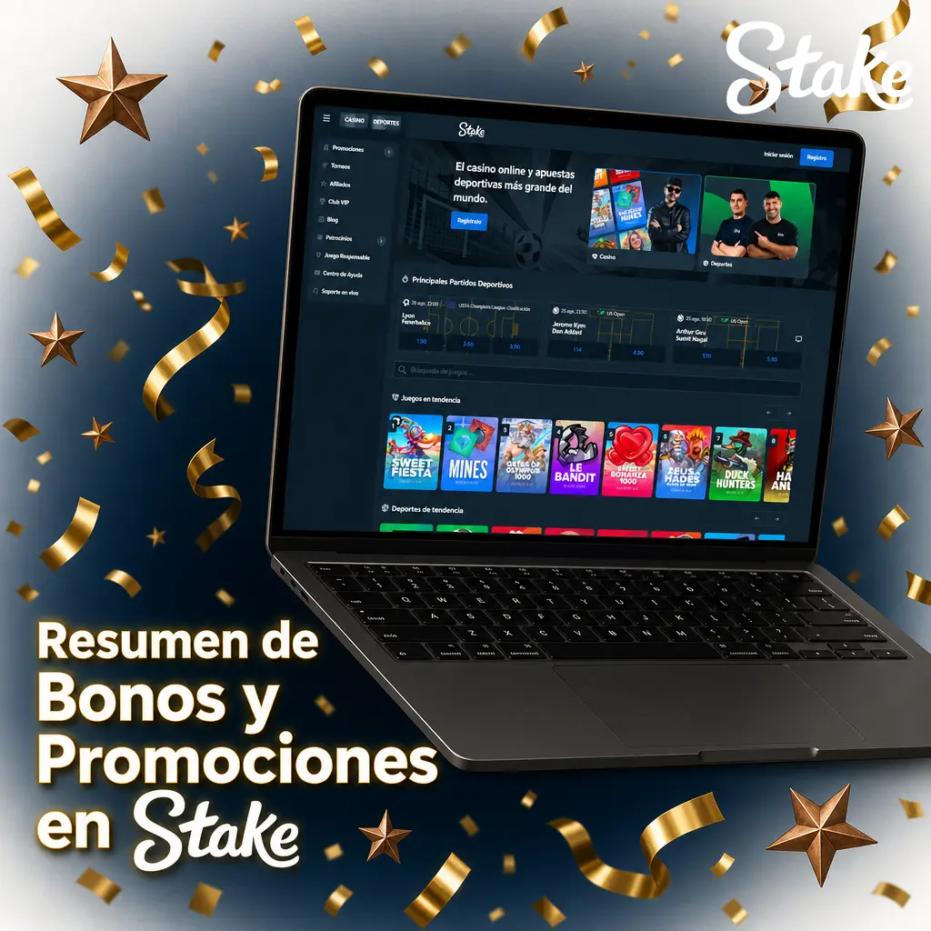 Tabla con bonos y promociones de Stake Perú: rakeback, niveles VIP, carreras semanales y promociones deportivas.