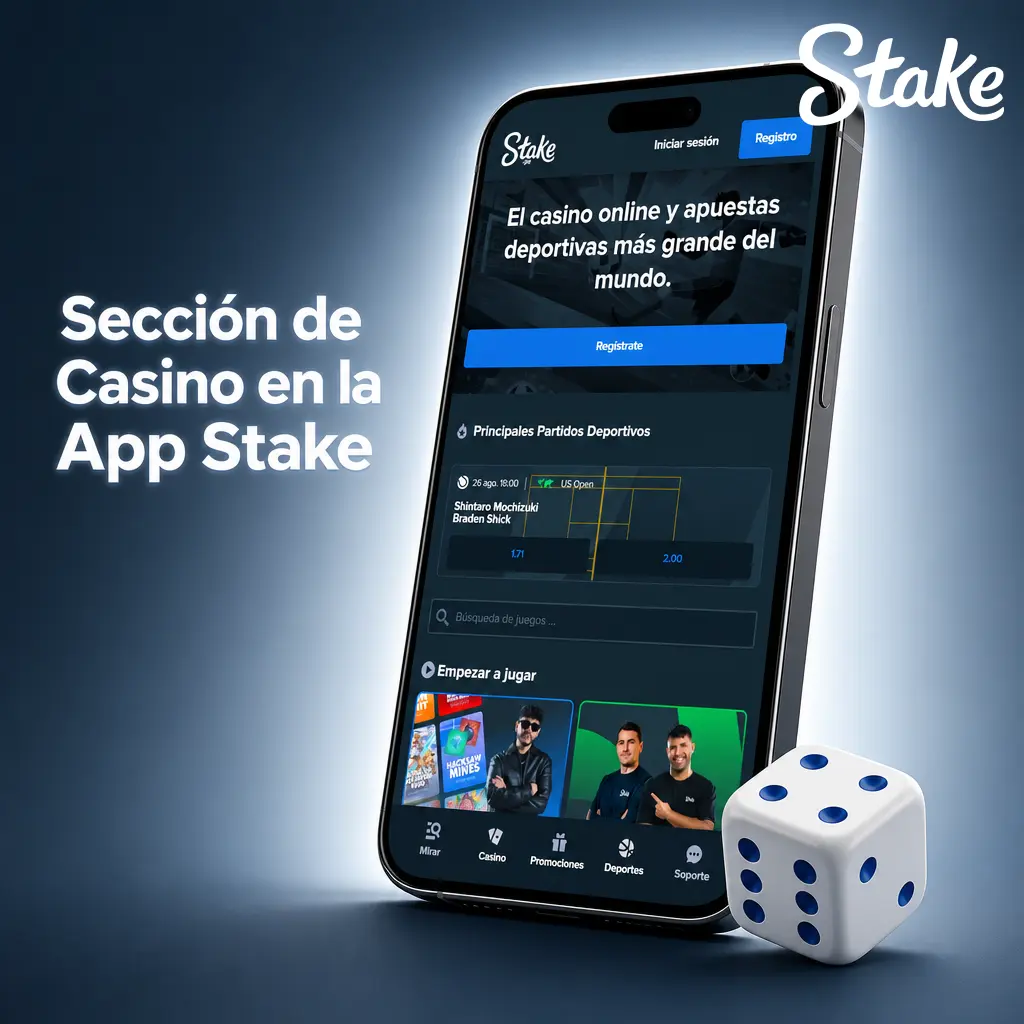 Sección de casino en la app Stake con más de 3,000 juegos: tragamonedas, en vivo, Originals y jackpots progresivos.