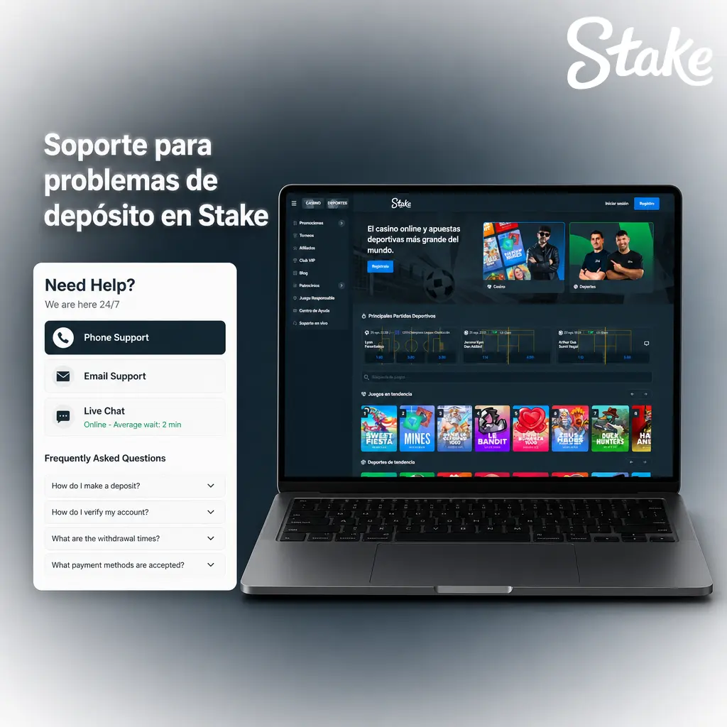 Equipo de soporte de Stake Perú ayudando a resolver problemas de depósito mediante chat en vivo, correo y centro de ayuda