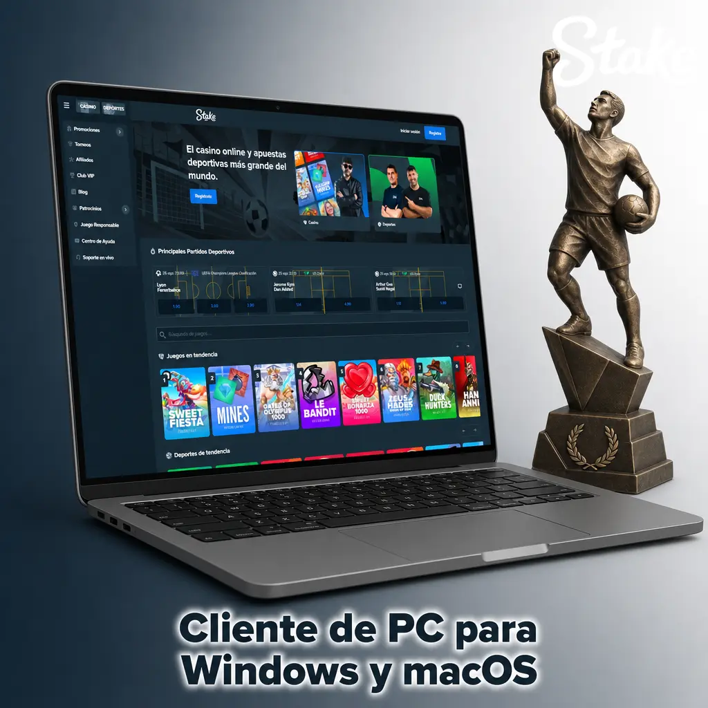 Página oficial de Stake mostrando mercados y cuotas desde el navegador en PC con Windows y macOS