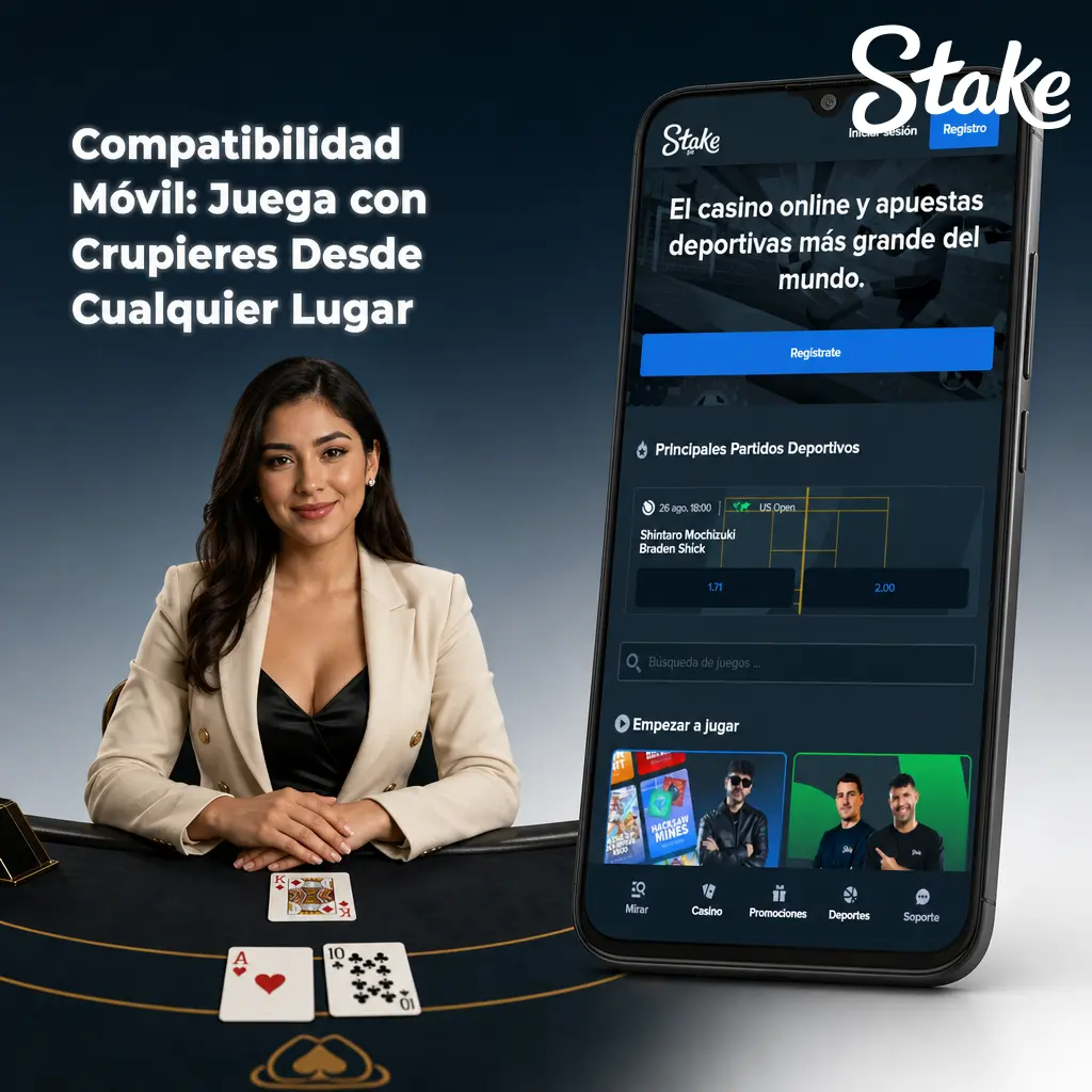 Interfaz móvil de Stake con crupier en vivo, controles de apuesta inferiores y streaming HD adaptado a pantallas verticales