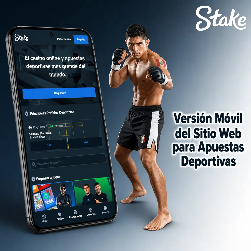 Versión móvil del sitio web de Stake para apuestas deportivas, con acceso directo desde el navegador sin instalación.